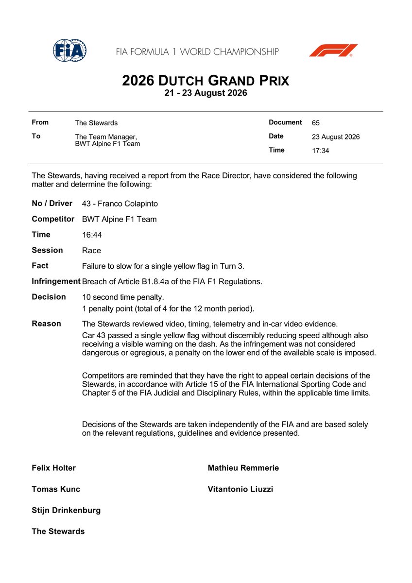 fiadocsbot's tweet photo. New document: Doc 65 - Infringement - Car 43 - Failure to slow for yellow flags
Published on 23.08.26 17:36 CET

#F1 #Formula1 #FIA #DutchGP 🇳🇱 https://t.co/6Vr22SpZJ2