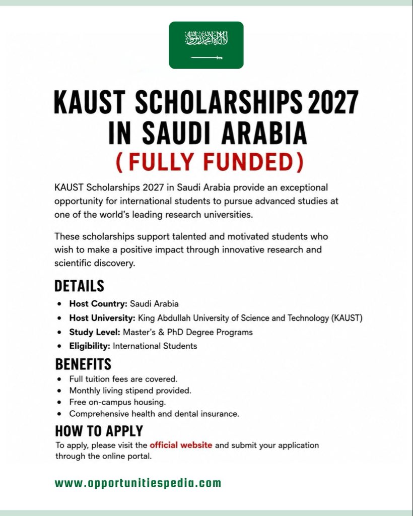 Opedia3's tweet photo. 🇸🇦 KAUST Scholarships 2027 in Saudi Arabia | Fully Funded

Study at King Abdullah University of Science and Technology (KAUST) with comprehensive financial support.

✨ Benefits:
✅ Full tuition fee coverage
✅ Monthly living stipend
✅ Free on-campus housing
✅ Health & dental insurance

🎓 Study Level: Master’s & PhD
🌍 Eligibility: International Students

Details link: https://t.co/jVXjbP7mJx

📅 Deadline: 3 January 2027.

#KAUST #KAUSTScholarship #StudyInSaudiArabia #Scholarships2027 #OpportunitiesPedia