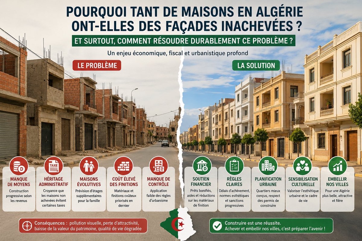 _Fitamine's tweet photo. Thread : 

Pourquoi tant de maisons en Algérie ont-elles des façades inachevées ? Et surtout, comment résoudre durablement ce problème ?

Un sujet souvent moqué, mais qui révèle en réalité des enjeux économiques, fiscaux et urbanistiques profonds ⤵️ https://t.co/of38R4DhkN