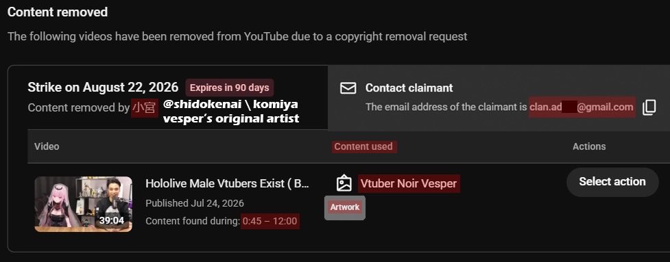 Parrot4chan's tweet photo. Yo @TeamYouTube this is a fraudulent copyright strike and it should be obvious.

1. They claim to be or represent Komiya 小宮 ( @shidokenai ) the original artist for graduated Hololive vtuber Noir Vesper ( @noirvesper_en ) but yet they use the totally not suspicious and definitely professional email: https://t.co/ErhJ0csHvO[…]@gmail.com
The “claimed by” part can be just written into so anyone can just type “小宮”, but they cannot change the email with which they have access to the copyright strike tool YouTube provides.

2. Vesper Noir’s IP is owned by Cover Corp ( @cover_corp ) who I am sure will like that someone else is trying to claim the copyright for a character they own. If this were a genuine strike from either Komiya or Hololive who are extremely well established and respected entities in the industry, they would have used their professional work emails not a Clash of Clans one to file a copyright claim.

3. The segment claimed in my video is 0:40 - 12:00 under the “Artwork” category, meaning whoever this is, is not claiming an individual piece of art or fanart in my video but the entire intellectual property of Vesper Noir, as that time tag represents the segment of my  video where I talk about vesper.

4. I have made over 60 videos over the past 3 years featuring dozens of vtubers both corporate and independent, never in that time have I received a claim like this, no respectable artist or agency would resort to a strike as their first option upon seeing a clearly fair use video on YouTube even if I used their art.

5. If I file a counterclaim whoever did this will get my:
- Full legal name
- Phone number
- Street address
- City & province
I think it is obvious they are making a bogus claim that will never work in court just to get me to file a counterclaim so they can get access to all my information and use it to dox me, blackmail me or worse.

Just get a human to review this and make sure that whoever is filing this is either Komiya, Hololive or someone representing them. My video will have to stay down until you fix your mistake YouTube, thanks.