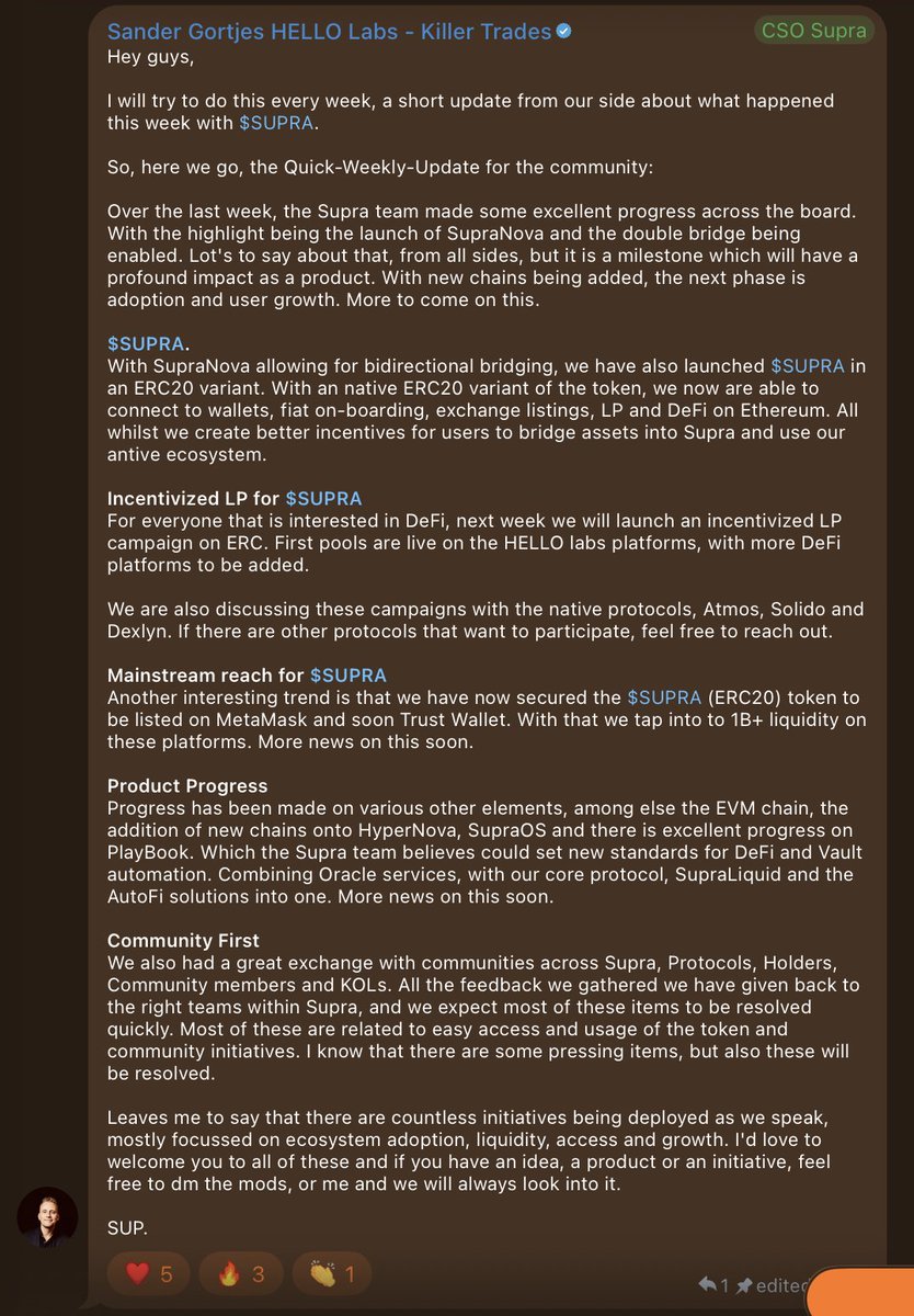 GregorMichaj's tweet photo. $Supra /@Sandergortjes/  Sander Gortjes HELLO Labs - Killer Trades (CSO of $Supra) just dropped a solid weekly update in the Telegram group. 👉This kind of transparent communication deserves to be on X as well Key highlights from this week:
-SupraNova launched + bidirectional (double) bridge is live – major milestone
- $SUPRA now available as ERC-20
-Incentivized LP campaign starting next week (first pools already live on HELLO Labs)
- $SUPRA (ERC-20) secured for MetaMask listing + Trust Wallet coming soon
-Strong progress on EVM, HyperNova, SupraOS and PlayBook
-Active feedback loop with community, holders and KOLs
Appreciate the consistent updates, @Sandergortjes .
More of this energy on X would be great for the wider community.
$SUPRA $Supra #Web3
#Crypto #Bitcoin #BTC #Ethereum #ETH #Web3 #DeFi #CryptoTwitter #Altcoins #Blockchain #Solana #CryptoTrading