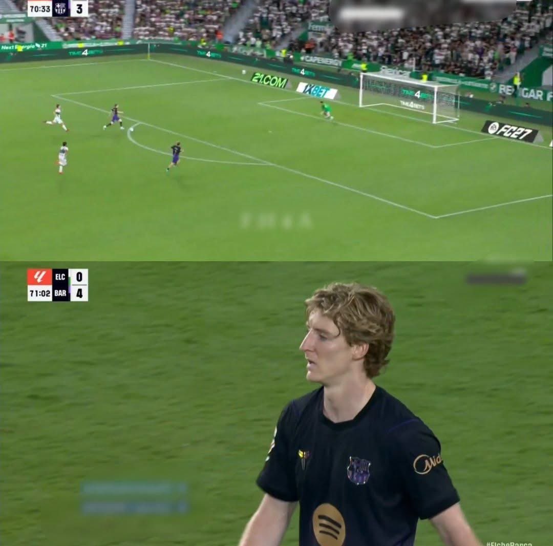 appiecule's tweet photo. Forget the goal, the result, the performance and all that for a second, and focus on this moment.

Gordon was through on goal with no one around him except Fermín López making the run alongside him. Normally, you’d expect him to shoot, especially as a new player who needs to earn the manager’s and the fans’ trust.

But Gordon passed it to Fermín, went straight over to celebrate with him and gave him a hug, and then immediately set up Raphinha for another goal.

What a selfless player. You can’t help but love him. 💙❤️