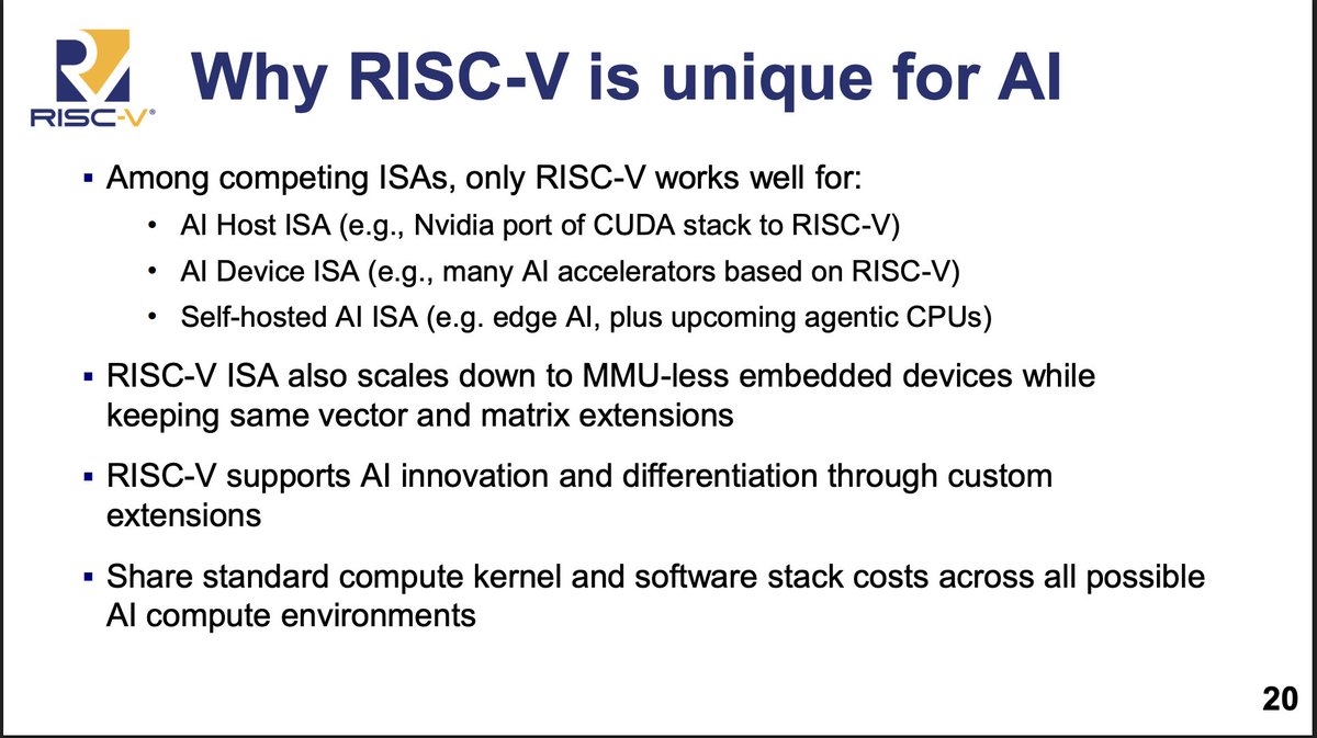 BrendanBurkeX's tweet photo. Krste, Chief Architect @SiFive fit all the 40 instructions from the base @risc_v ISA on a slide at Hot Chips. 

Vector extensions are mandatory in RVA23 profile and four different matrix extensions are approaching ratification.

That unlocks AI use cases from edge to cloud with a common ISA. 

Krste's theory: RISC-V accelerators will combine GPU and CPU functions on the same chip. "Something that people might be looking at as well."

Server CPU is the next opportunity for the community with a new Server Platform Spec. Server-class RISC-V silicon is loading. Will be interesting to see how it supplements the shift to Arm.