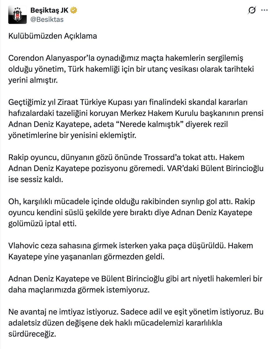 demarkesports's tweet photo. SON DAKİKA - Beşiktaş: "Ne avantaj ne imtiyaz istiyoruz. Sadece adil ve eşit yönetim istiyoruz. Bu adaletsiz düzen değişene dek haklı mücadelemizi kararlılıkla sürdüreceğiz." https://t.co/TFToIfutxI