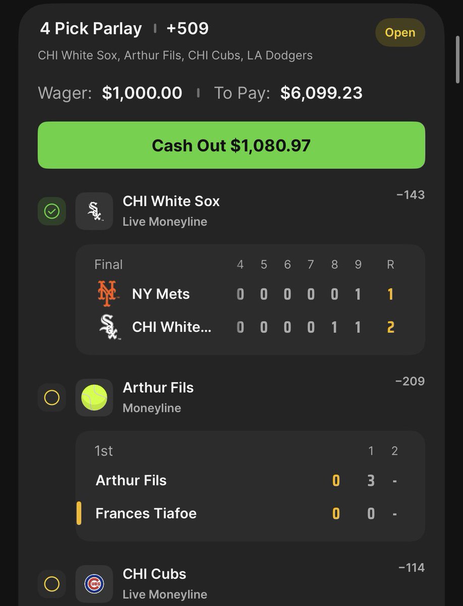 ZynBets's tweet photo. I swear to god if the Cubs fuck me over again. Gonna have to cash this one out for sure. I know Arthur Fils or the Dodgers ain’t losing https://t.co/mFYU1LKijC