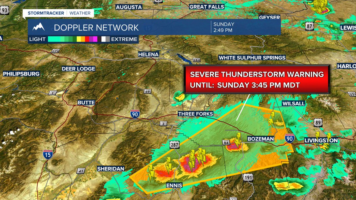 KBZK's tweet photo. A severe thunderstorm warning is in effect through 3:45 PM for portions of Gallatin and Madison Counties.  This storm is capable of 60 mph wind and 3/4 inch hail.  These storms are moving northeast at 45 mph.  Please seek shelter if you are in the line of these storms. https://t.co/SDVkI3PqHN