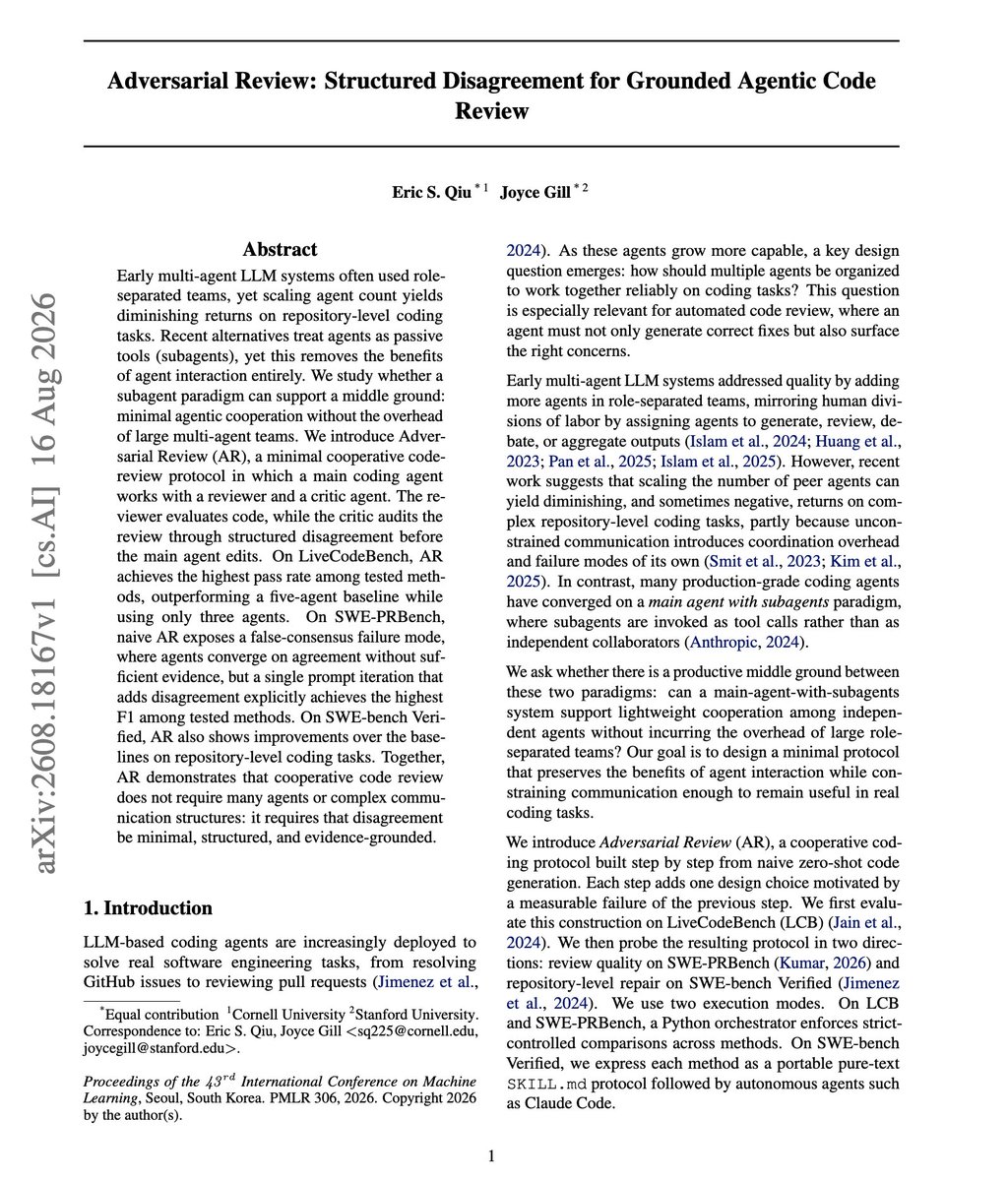 First page of the Adversarial Review paper showing a three-agent code-review setup with main agent, reviewer, and critic, and explaining why structured disagreement beats simple reviewer scaling
