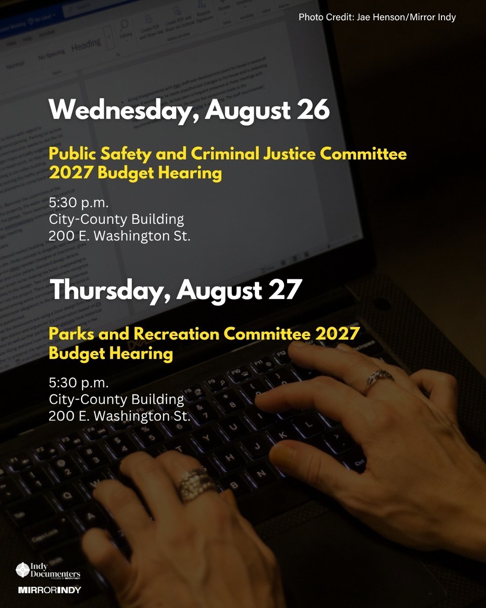 indydocumenters's tweet photo. As city committees review their proposed 2027 budgets this week, our Documenters will be there to ask questions, take notes and document it all. Here are those meetings they’re attending, among other important events. https://t.co/OTTGicRfyU