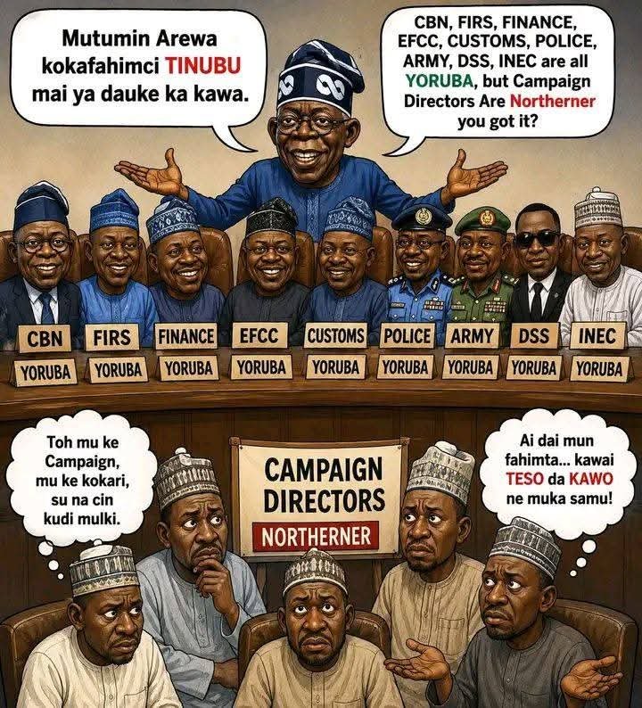Sadiqdollars's tweet photo. Mutanan arewa kokun fahimci TINUBU mai ya dauke ku kuwa.  
CBN, FIRS, FINANCE, EFCC,?CUSTOMS, POLICE, ARMY, DSS, INEC are all Yoruba, but Campaign Directors Are Northerner you got it? Ko na kara muku bayani? https://t.co/jhTh0YqHGv