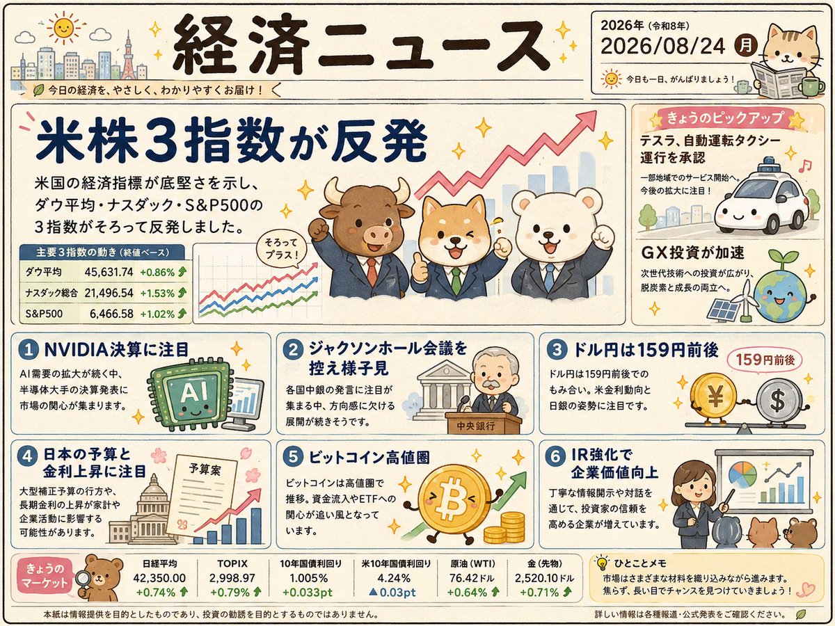 silvercolors09's tweet photo. 【モーサテ】8月24日
さくっとまとめます。
※ニュース部分メインです。
※まとめにAI使ってるので、ファクトチェックはオリジナルでご確認くださいね。
＃モーサテ

【米株3指数反発　景気底堅さを好感】
21日のニューヨーク株式市場は主要3指数がそろって反発した。ダウ平均は517ドル高の5万3277ドル、ナスダックは113ポイント高の2万6180、S&P500は33ポイント高の7674で終了。米PMIが景気の底堅さを示したことで買い戻しが優勢となった。テスラはネバダ州の一部地域で自動運転タクシーの運行が承認され、5％上昇した。

【米金利上昇と原油高に警戒　ビットコインは3カ月ぶり高値】
米国債は売られ、長期金利は上昇。原油価格も直近の高値圏で推移しており、株式市場の重荷となる可能性が意識されている。一方、暗号資産は上昇を続け、ビットコインは一時7万9000ドル台と約3カ月ぶりの高値を付けた。

【来年度予算の概算要求拡大　日本国債市場の焦点に】
2027年度予算を巡る各省庁の概算要求は130兆円を超える規模になるとの見方が出ている。成長投資や国債の利払い費増加に加え、補正予算への依存を減らし当初予算に組み込む政策も金額を押し上げている。市場では財政懸念から長期金利が上昇する可能性があり、政府による丁寧な情報発信が重要との指摘が出た。

【ドル円159円前後　日本国債市場の安定が円相場の鍵】
ドル円は159円前後で推移し、24日の予想レンジは158円50銭～159円50銭。海外投資家による日本国債売りが金利上昇と円安を同時に進めてきたとの分析が示された。日銀の利上げペース前倒しなどで国債市場が安定すれば、日米金利差の縮小が円高につながりやすくなる可能性がある。

【日本株は重要イベント控え様子見か】
日経平均の予想レンジは6万5600円～6万6400円。NVIDIA決算やジャクソンホール会議を控え、積極的な売買は手控えられるとの見方。大阪取引所の夜間取引では日経平均先物が6万6010円となった。

【IR強化は株価上昇の「第3のドライバー」】
企業のIR発信力と株式評価の関係を分析したところ、IRランキングが上昇した企業ではPER、ROE、PBRが相対的に改善する傾向が確認された。投資家に成長戦略や競争優位性を伝えることに加え、対話を通じて資本配分を改善することで企業価値向上につながる可能性があるという。

【東武日光線事故　東武建設を家宅捜索】
栃木県鹿沼市の東武日光線新鹿沼駅で、除草作業中の作業員4人が特急列車にはねられ死亡した事故を受け、警察は東武鉄道グループの東武建設を業務上過失致死の疑いで家宅捜索した。見張り員同士の意思疎通など、安全管理体制を調べている。

【台湾・頼清徳総統が金門島訪問】
台湾の頼清徳総統は、中国軍との戦闘が起きた金門島で犠牲者の追悼式典に出席した。主権を犠牲にした譲歩や降伏による和平を否定し、中国に対する警戒と台湾防衛の重要性を強調した。

【GX推進機構　核融合など先端技術へ出資】
GX推進機構が、核融合とプラスチック再生を手掛けるスタートアップ2社に計約30億円を出資したことが分かった。民間資金と合わせて約200億円規模の投資となる見通しで、公的資金を呼び水に先端技術の実用化を後押しする。

【今週はNVIDIA決算とジャクソンホールに注目】
26日はNVIDIAが決算を発表。次世代AI半導体の生産・出荷状況に加え、AIインフラ投資拡大に伴う資金調達や信用リスクも注目される。27日には日銀の氷見野副総裁の発言、ジャクソンホール会議が開幕し、28日にはFRBのパウエル議長が講演する予定。日米の金融政策を左右する発言が、為替・債券・株式市場の焦点となる。