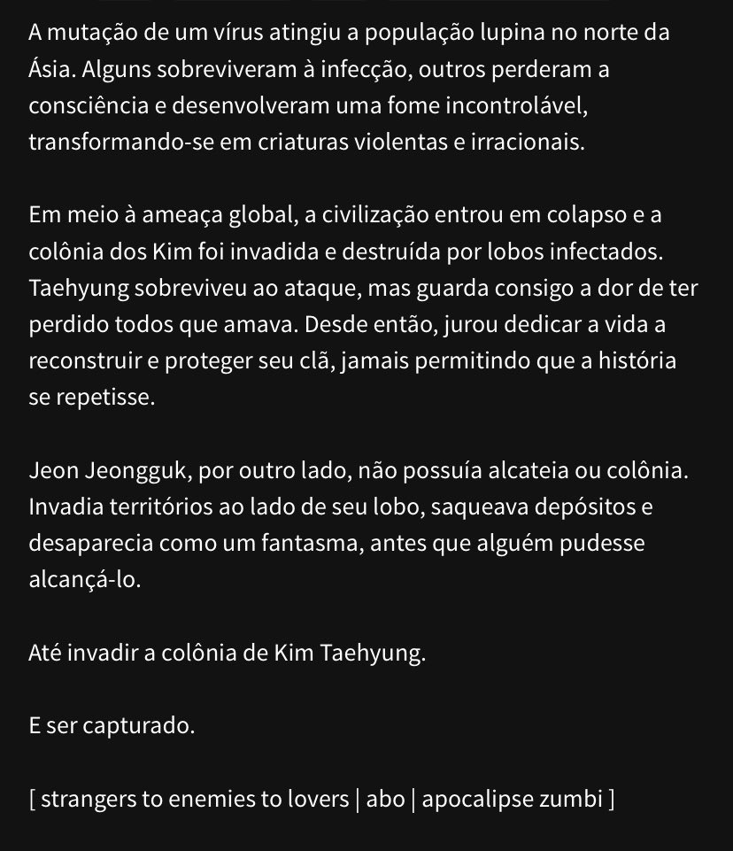 FestTaekook's tweet photo. 🐺 Untameable  

 ⏾ Romance
 ⏾ Tae Alfa, Jungkook Ômega
 ⏾ ABO, apocalipse zumbi, strangers to enemies to lovers, imprinting, sobrevivência,
autodescoberta.

⏾⋆  por @guccsieur 

🔗 https://t.co/7G29FgDik4 https://t.co/ag1NavnCoA