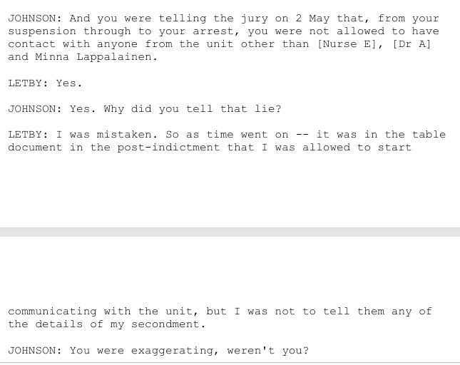 AngelaMM123's tweet photo. Johnson accused Lucy Letby of lying, claiming that she had previously said she wasn't allowed contact with friends on the unit "from your suspension through to your arrest". What she had actually said was "at that time". Which is a much less specific time frame. https://t.co/LDR0bBtML1