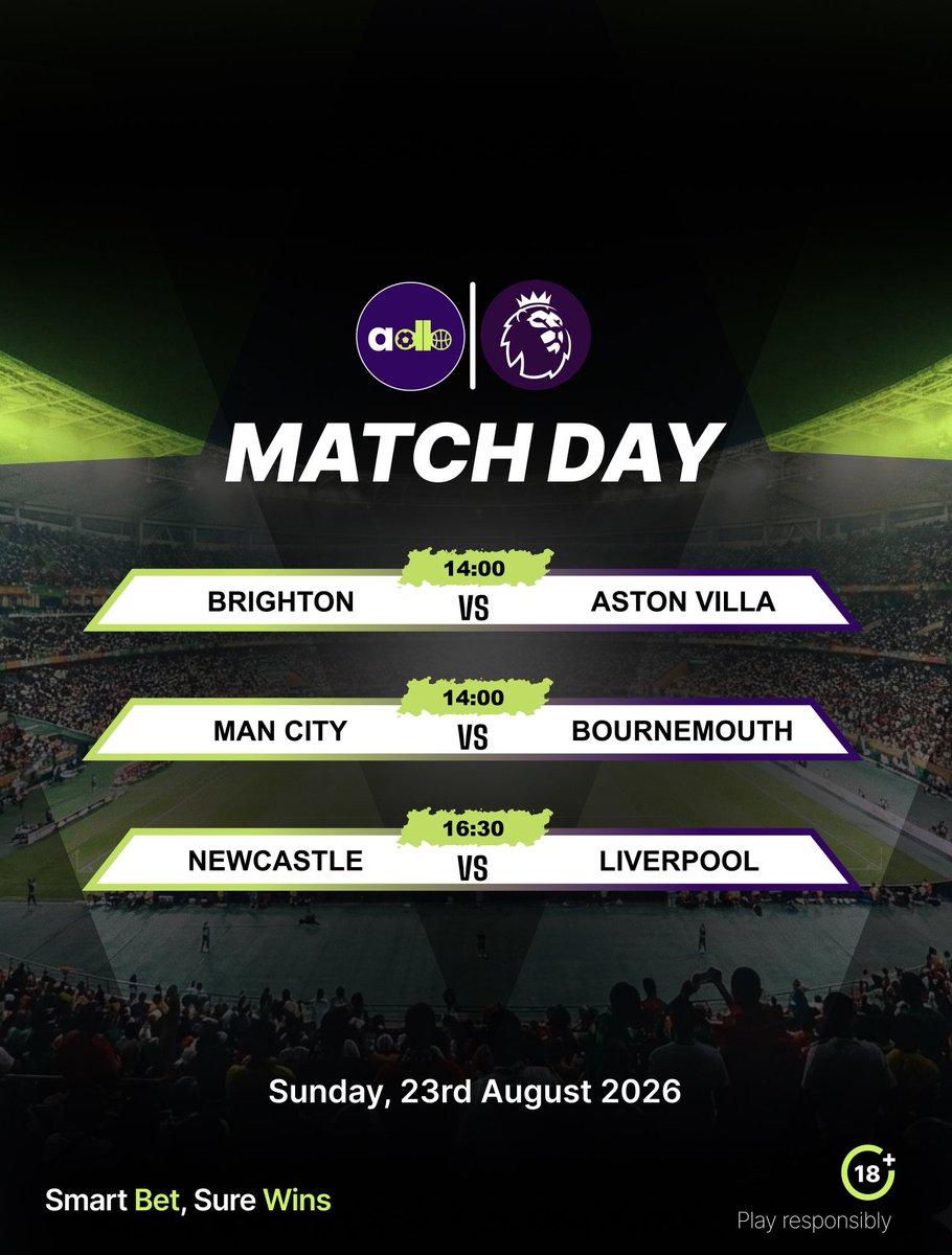 adasibet's tweet photo. It’s MATCHDAY ✅
Predictions? Goals? Drama?
We’re in for 90 minutes of madness.
#MatchDay
#Smartbetsurewins
#Adasibet
#Playresponsibly https://t.co/l8i5DSLcj4