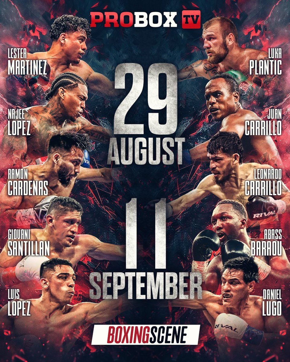 ProBox_TV's tweet photo. TWO BANGER CARDS. ONE $5 MEMBERSHIP 🥊

Martinez vs Plantić on August 29. Santillan vs Baraou on September 11. Both live on the ProBox TV YouTube channel for five bucks a month. https://t.co/mgmCZ16R6G