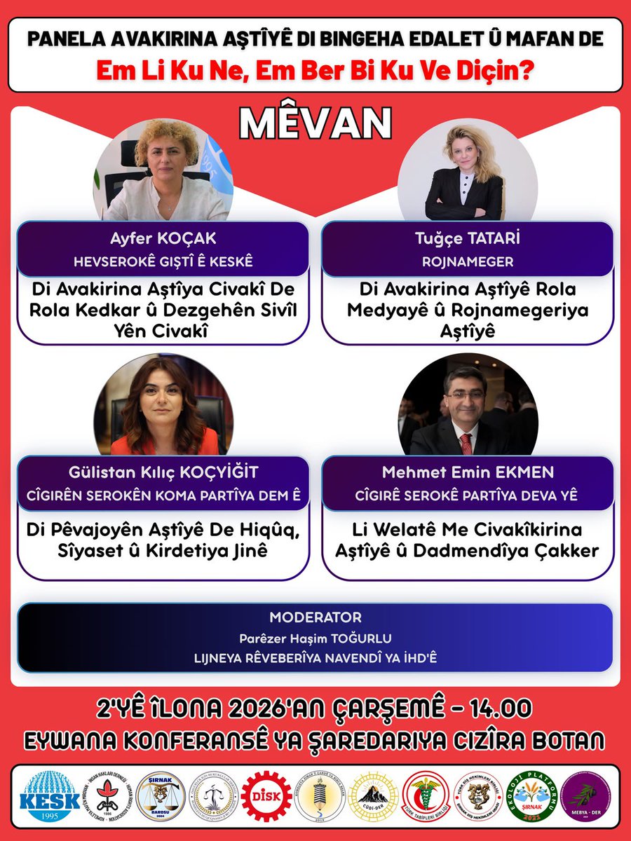 ohdsirnak's tweet photo. 1 Eylül Dünya Barış Günü vesilesiyle; adalet ve haklar temelinde barışın inşasını, toplumsallaşmasını ve geleceğini birlikte konuşuyoruz.

“Adalet ve Haklar Temelinde Barışın İnşası: Neredeyiz, Nereye Gidiyoruz?” panelimize barıştan, demokrasiden ve insan haklarından yana olan herkesi bekliyoruz.

📅 2 Eylül 2026 Çarşamba | 14.00
📍 Cizre Belediyesi Konferans Salonu

Barışı birlikte konuşmak, birlikte düşünmek ve birlikte inşa etmek için…
——————
Bi wesîleya 1ê Îlonê Roja Aştiyê ya Cîhanê; em ê li ser avakirina aştiyê li ser bingeha edalet û mafan, civakîkirina aştiyê û pêşeroja wê bi hev re biaxivin.

Em hemû kesên ku li kêleka aştî, demokrasî û mafên mirovan in, vedixwînin panela xwe ya bi navê:

“Avakirina Aştiyê li ser Bingeha Edalet û Mafan: Em Li Ku Ne, Em Ber Bi Ku Ve Diçin?”

📅 2’ê Îlonê 2026, Çarşem | 14.00
📍 Salona Konferansê ya Şaredariya Cizîra Botan

Ji bo ku em aştiyê bi hev re biaxivin, bifikirin û bi hev re ava bikin…