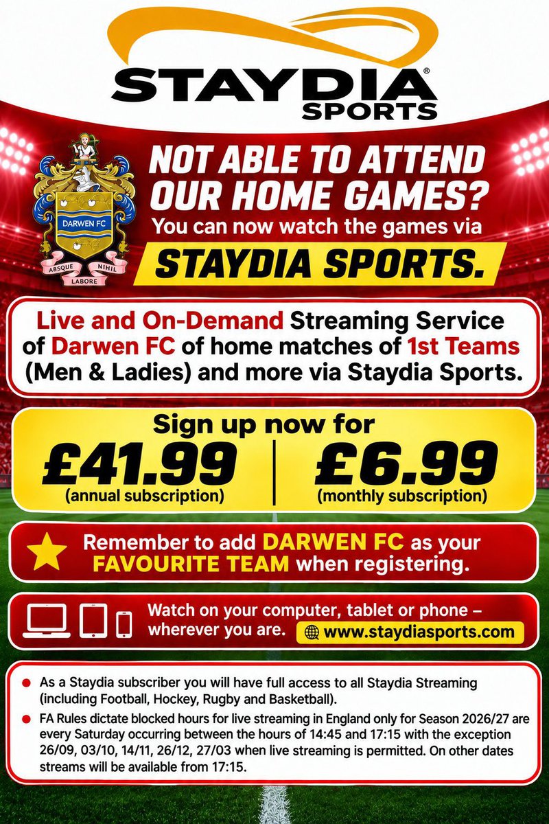 DarwenFC's tweet photo. 📺 WATCH DARWEN FC Live or On-demand
We are delighted to announce that Darwen FC has partnered with Staydia Sports, who will provide a live and on-demand streaming service for all home matches involving our First Team Ladies and First Team Men, along with other selected matches throughout the season.
🎥 Watch the action live from wherever you are!
To register, please click the link below and do state Darwen FC as your favourite team.
https://t.co/aYlUGnmt2h
🎁 FREE 3-MONTH TRIAL
Want to take advantage of our FREE 3-month trial offer? Simply ask for a special registration form at the ground.
Support Darwen FC, never miss a match and enjoy the action live and on demand! ⚽🔵⚪