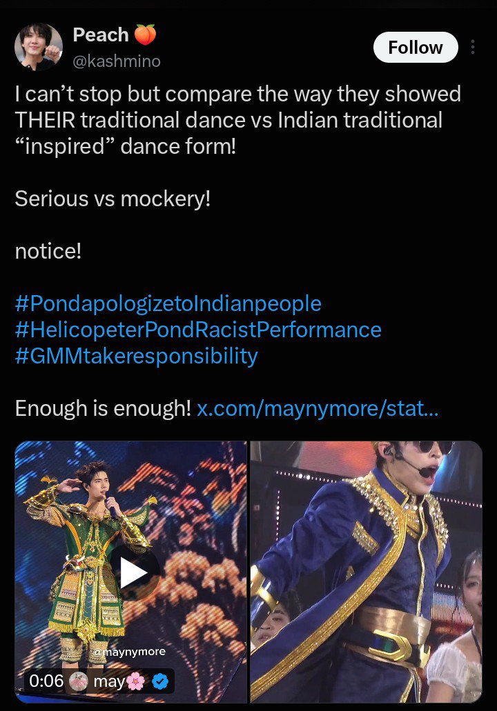 aceayur's tweet photo. @.IndiainThailand 
@.ThailandinIndia 

X accounts of both country's embassy, if gmm won't apologize let's take this issue to officials. 

#PondapologizetoIndianpeople 
#HelicopeterPondRacistPerformance 
#GMMtakeresponsibility https://t.co/nCoS0vYOR5