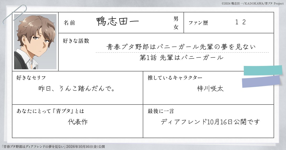 kamoshida_1's tweet photo. #私の青ブタカルテ
好きな話数に関しては便宜上。アイコンとキャラも青ブタの代表なので咲太を選んでいます。どちらも全キャラ前話数大好きです。 https://t.co/Ci2URmPWHr