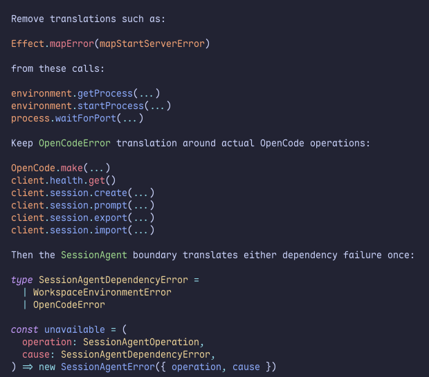 hanipcode's tweet photo. So I quite a beginner in Effect and earlier today I read some code agent made, and I just have a feeling that how its design the error flow is not correct.

like it keeps trying to wrap and hide the error using mapError at every level.

being a beginner in effect I just got a hunch that this is incorrect but cannot confidently said so, 

asked the agent whether it is incorrect and it does recommend to remove the mapError but I feel like it recommend just another way to wrap the error instead of just letting it flow

being stubborn, I tried to ask for searching a reference repo and I tried to ask the agent to learn but I also read the repo myself and now I somehow more confident
https://t.co/yPqwCA85z4

what I want to say is, I think this process of digging and reading reference I feel like not much different from pre-AI era. it just the process of searching and trying to understand it can be a faster process.

btw I realize I can also ask in Discord, but for me I feel like if I tried to find and gather reference and learn from first I just can understand it better.