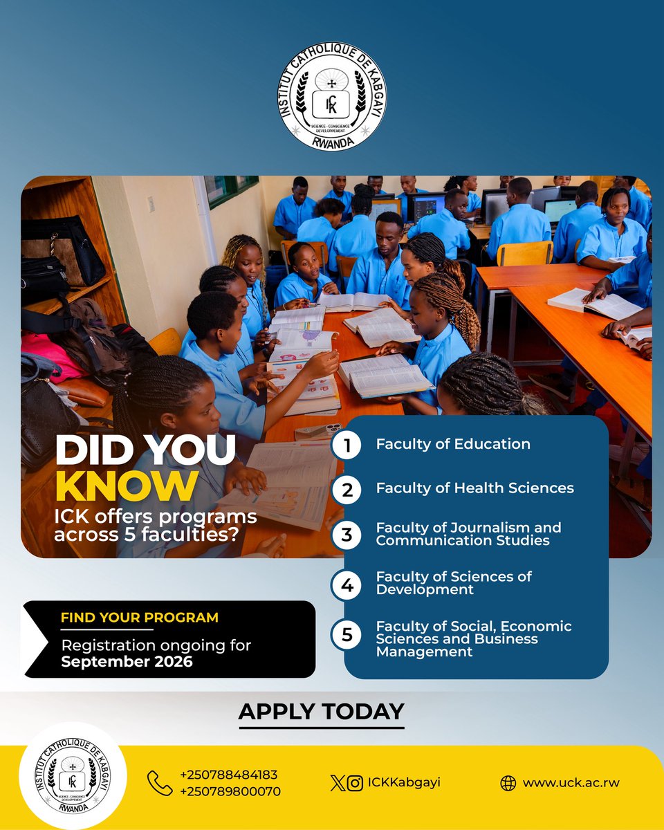 ICKKabgayi's tweet photo. 🎓 Did you know?
@ICKKabgayi offers programs across five faculties:
1️⃣ Faculty of Education 2️⃣ Faculty of Health Sciences��3️⃣ Faculty of Journalism &amp; Communication Studies 4️⃣ Faculty of Sciences of Development  5️⃣ Faculty of Social, Economic Sciences &amp; Business Management. https://t.co/6G93uU3eCD