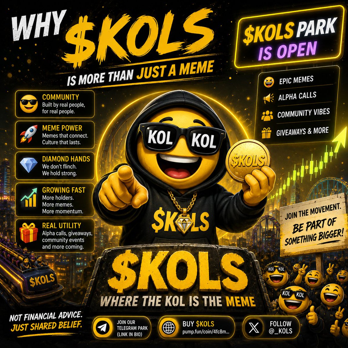_K0LS's tweet photo. WHY $KOLS IS MORE THAN JUST A MEME. 🟡

A growing community, epic memes, diamond hands, alpha calls, giveaways, and good vibes , all in one place. 🚀

We’re here to build, have fun, and let the community grow.

Pull up 👇

TG: https://t.co/60UvqeygWf

Buy:https://t.co/Yd4CEt1JAU

#KOLS #Solana #Pumpfun