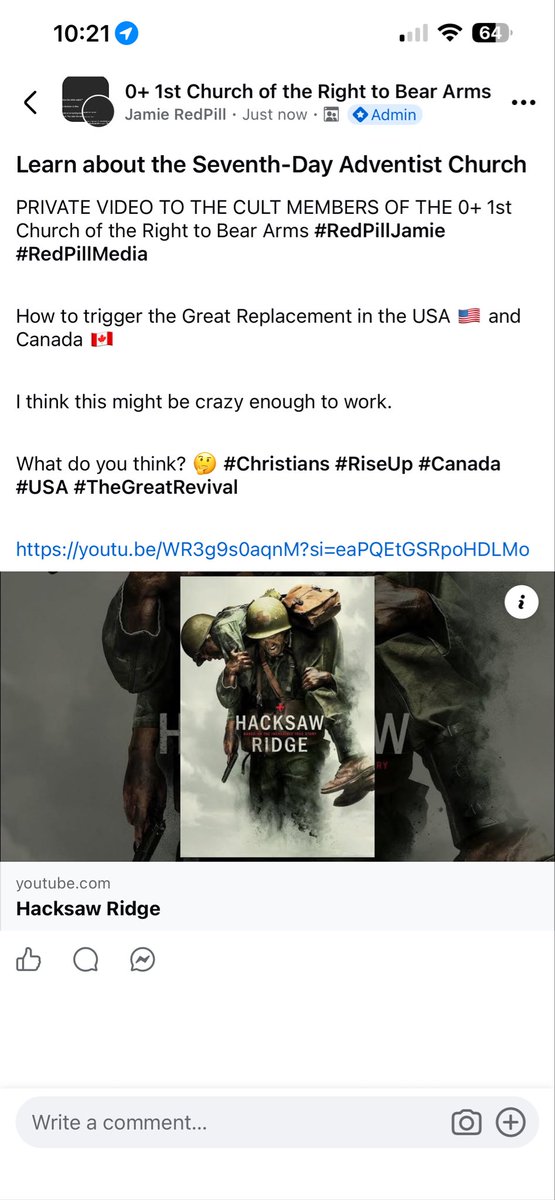 RedPillJamie's tweet photo. Learn about the Seventh-Day Adventist Church 

PRIVATE VIDEO TO THE CULT MEMBERS OF THE 0+ 1st Church of the Right to Bear Arms #RedPillJamie #RedPillMedia 

How to trigger the Great Replacement in the USA 🇺🇸 and Canada 🇨🇦 

I think this might be crazy enough to work.

What do you think? 🤔 #Christians #RiseUp #Canada #USA #TheGreatRevival

https://t.co/RfEPzmqOs7
