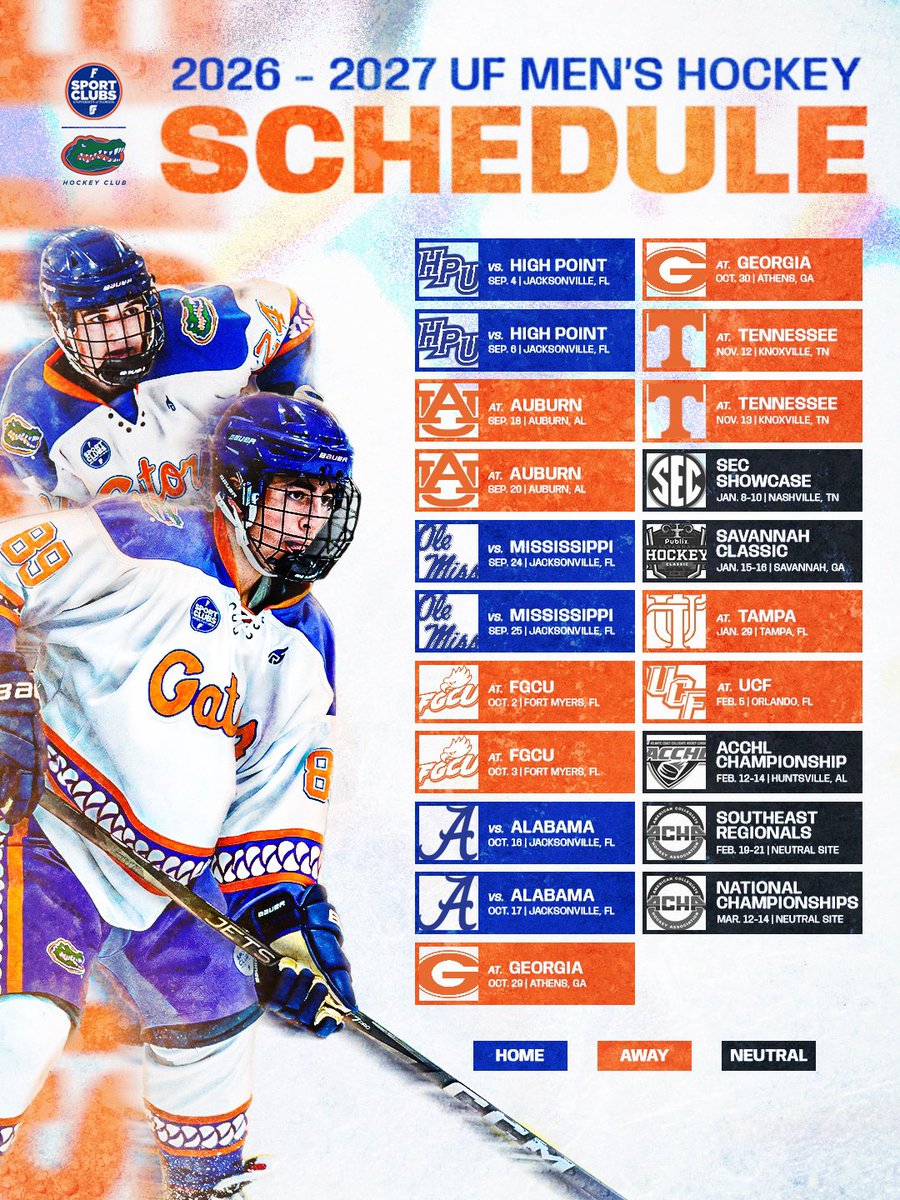 ufhockey's tweet photo. The wait is over, Gator Nation! The 2026-27 UF Hockey schedule has officially arrived. Mark your calendars because Gator Hockey is back🐊.
#ChompOn #GatorHockey https://t.co/EbyIfOpjjV