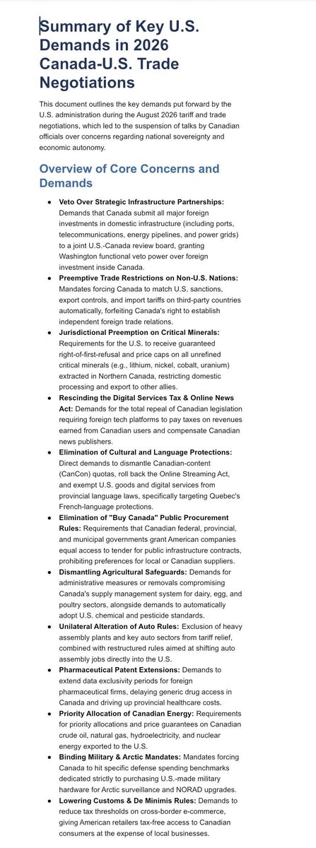 BonkDaCarnivore's tweet photo. When Canada walked away from the negotiating table with USA on the trade deals, I was a little surprised.  When Pierre Poilievre and  Doug Ford - 2 people who never agree with Mark Carney on ANYTHING - came out and vocally backed Carney on this, it got my attention.  How bad could the deal be to where THOSE TWO would vocally back Carney?

I'm about to tell you.

If you ever see a midwit talking about how Canada should have taken the trade "deal" ( @DavidPollackUSA, someone nobody has ever accused of being intelligent, seems to be especially on this kick of late), here are some of the details of the terms of what the US demanded - which essentially amounted to making Canada a subservient nation-state instead of an independent country.  And no, this isn't a joke - these were real demands.

-Canada would have to abandon speaking French in Quebec
-They would have had to follow the US in ANY TRADE WARS Trump started with any other nation
-They would have to open their borders to allow US tech companies to start putting datacenters all over their country
-They would have given the US VETO AUTHORITY over any other trade deal Canada wanted with any other country
-They would have required Canada to voluntarily bankrupt all of its dairy farmers by allowing US dairty to proliferate into Canada unfiltered
-They would have had to agree to standardize their fertilizer and pesticide standards to what the US does (Canada's regulations are more stringent, so they would have had to accept our pesticides that cause cancer)
-They would have had to surrender their sovereignty with regards to their minerals

And these are just a few of the highlights.

Trump's "deal" was essentially to strip Canada of its sovereignty.  No wonder they walked away.