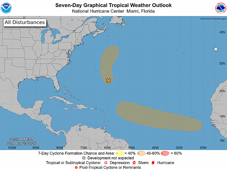 FloridaTropics1's tweet photo. The 2 PM outlook has raised development chances on 95L southeast of Bermuda to 40% as it continues to show some signs of organization. The area of interest in the MDR remains at 50% development chances. https://t.co/zBQMtvVLwe
