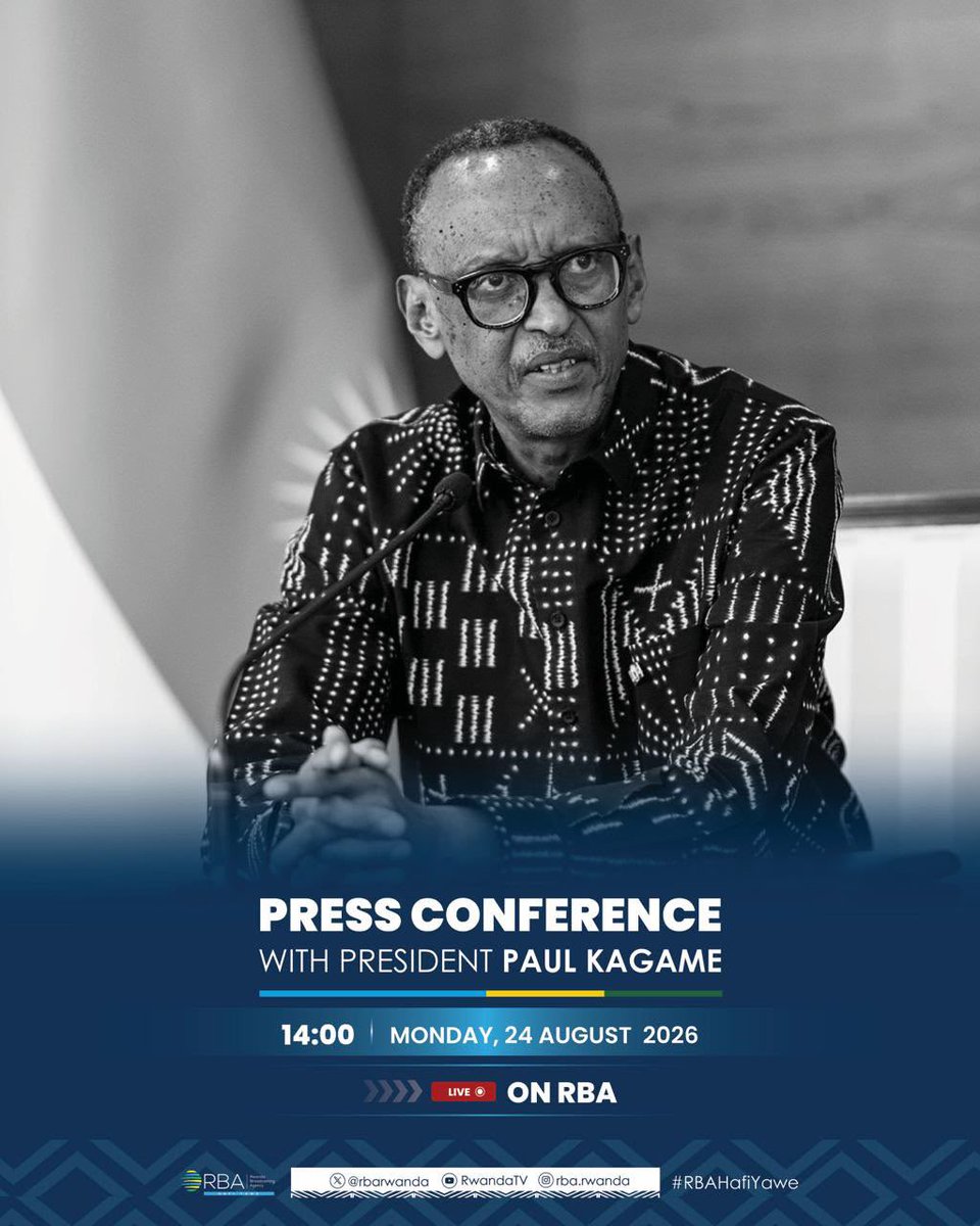 rbarwanda's tweet photo. 🚨SPECIAL BROADCAST🚨

President Paul Kagame will hold a press conference with members of the media tomorrow, Monday, August 24.

Watch the live broadcast on RBA platforms starting at 2:00 PM (Kigali time).

#RBAHafiYawe https://t.co/MW2IJSjTpM