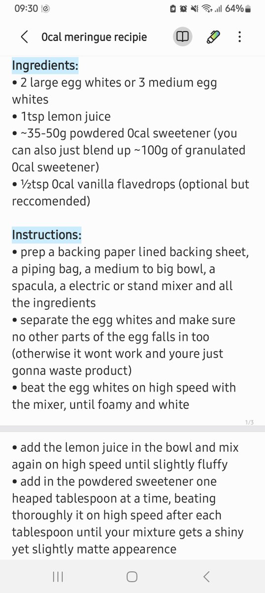EDwlacc's tweet photo. @m3owmikaa Also rlly like the recipe for 0cal meringue from a yt vid ! (look up "0cal meringue by weight loss with veera" and the vid pops up!) I wrote out the recipe cuz i wanted to insert tips bcs its kinda easy to fuck up if you dont do it exactly right TT great if you crave smth sweet!! https://t.co/oRoJPH7juu