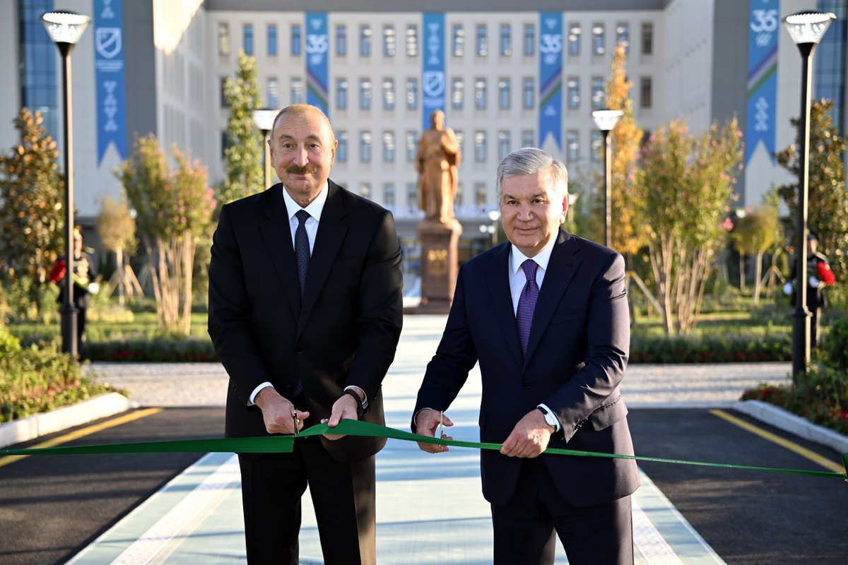 president_uz's tweet photo. Presidents Shavkat #Mirziyoyev and Ilham #Aliyev opened the new campus of the Nizami Ganjavi National Pedagogical University in New Tashkent.

They toured the campus, highlighting the importance of education, science, and culture in further strengthening ties between the fraternal peoples of #Uzbekistan and #Azerbaijan.