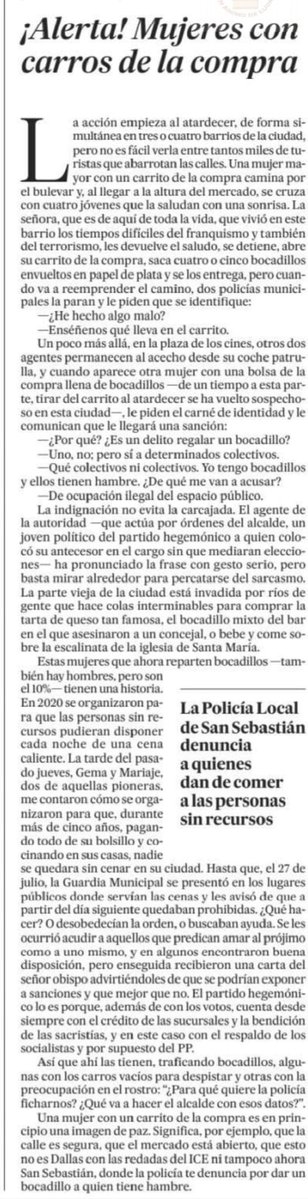 Ander_Jimenez_'s tweet photo. Señoras que trafican con bocadillos para los hambrientos.
Está pasando en Donosti.
En la ciudad de las casas de 1.000.000€ y pintxos a 4,50, el Ayuntamiento del PNV prohíbe las cenas solidarias, una iniciativa ciudadana para repartir comida a los pobres.

Lo cuenta Pablo Ordaz. https://t.co/o8ZEukEA9P