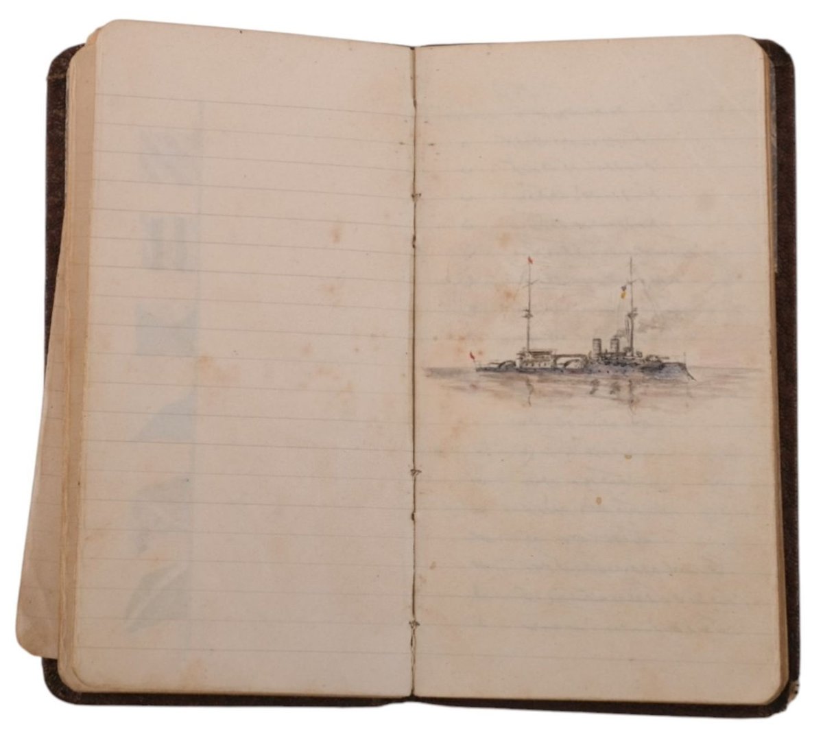 OttomanArchive's tweet photo. 📜 Pages from the notebook of an Ottoman naval officer serving aboard the Barbaros Hayreddin Battleship, prepared during the summer training exercises in July 1911 while the ship was at sea.

The notebook contains an original drawing of the Barbaros Hayreddin Battleship, along with drawings depicting various naval signal flags. The final page also bears the following dedication: “To Nizameddin Seyfeddin, on the second Friday of September 1327 [1911]: In memory of the companionship aboard the Barbaros Hayreddin Battleship.”

📜 Osmanlı Devleti’nin Barbaros Hayreddin Zırhlısı’nda görevli bir bahriye subayının 1911 yılı Temmuz ayında katıldıkları yaz eğitimleri sırasında, açık denizde bulundukları esnada hazırlanmış not defterinden sayfalar. 

Defterde Barbaros Hayreddin Zırhlısı’nın özgün bir çizimi ile çeşitli flamalar çizimlerle göstermekte, ayrıca defterin son sayfasında şu ithaf yer almaktadır: “1327 Eylül’ünde ikinci Cuma günü Nizameddin Seyfeddin’e: Barbaros Hayreddin Zırhlısı refakati hatırası.”