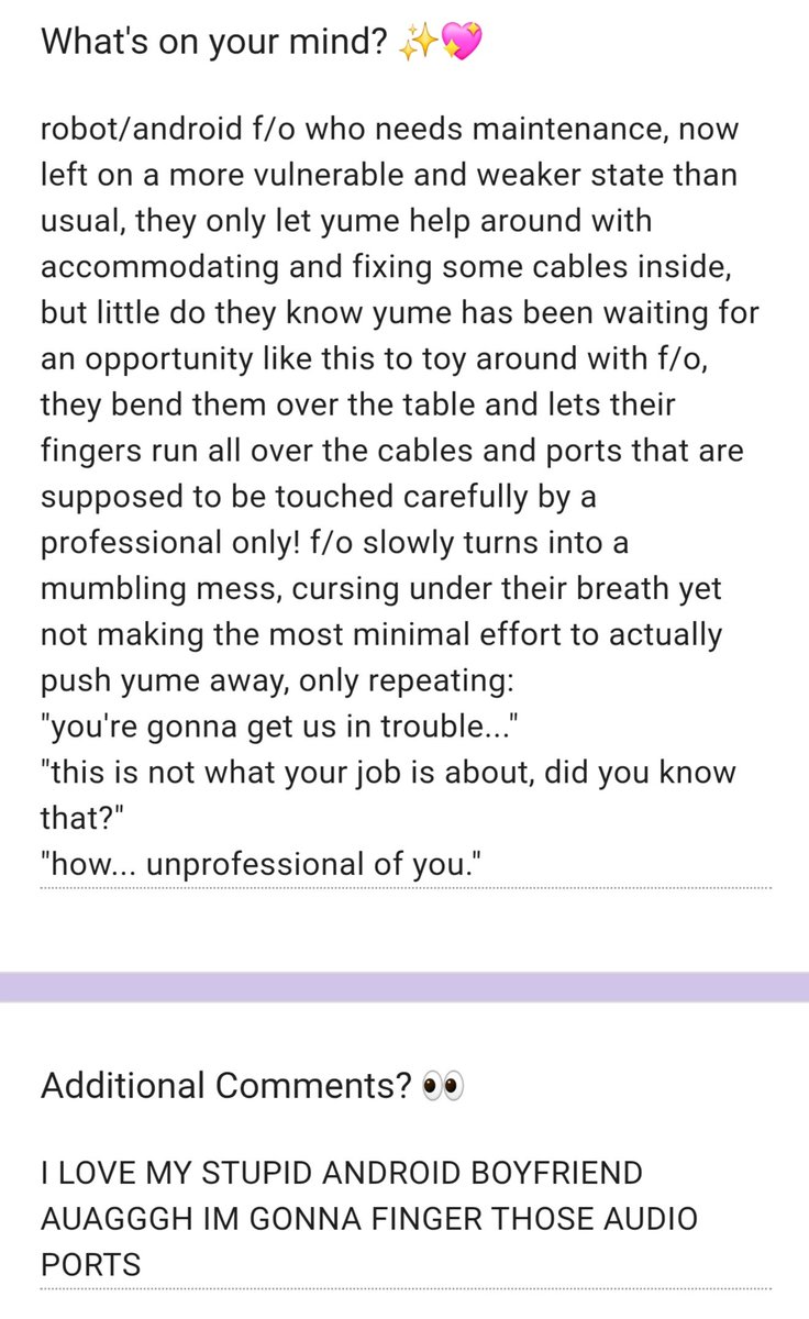 NSFW_Yume_Posts's tweet photo. ✨️Scenario✨️

Kink/CW: Robots

《Click "ALT" to see this submission in text form!》 https://t.co/wmGpcyTi5w