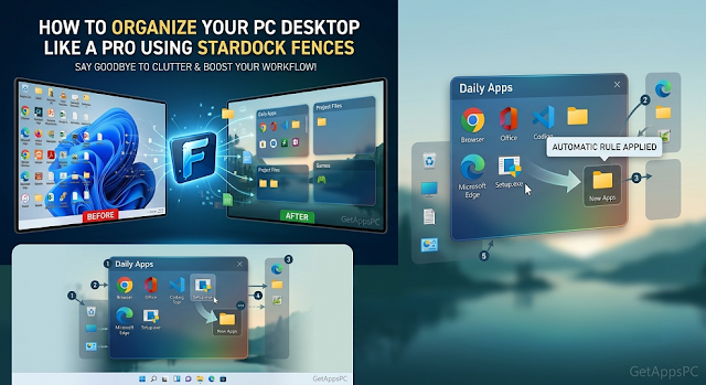 get_apps_pc's tweet photo. Organize your shortcuts, group your files, and clean up your workspace in seconds with Stardock Fences.

Best software to optimize or organize your desktop or windows pc 👇 
https://t.co/YipFCwBYbQ

#Windows11 #TechHacks #Software #Stardock #PCCustomization https://t.co/H81nfpjUQc