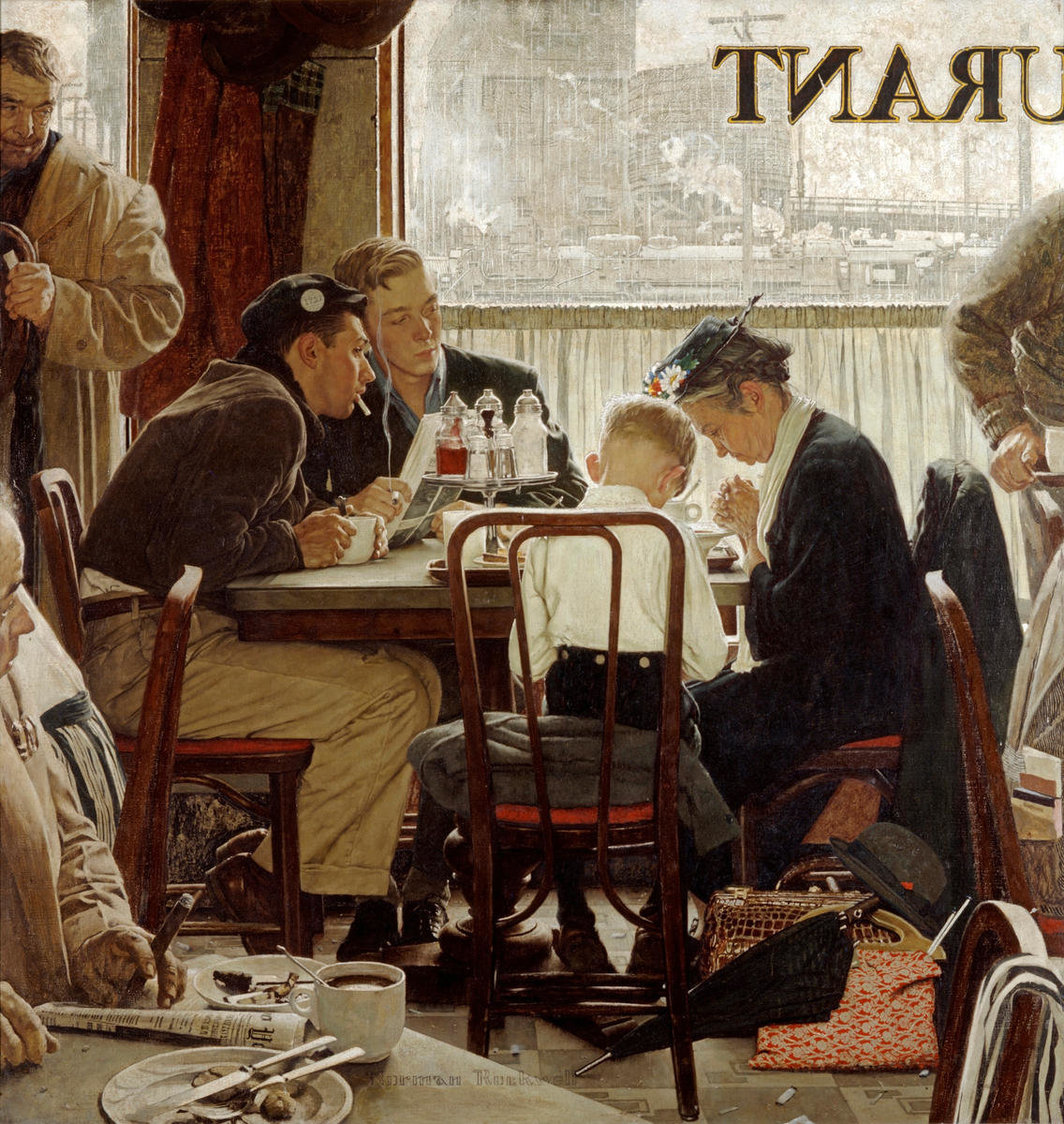 JamesLucasIT's tweet photo. This is one of the most beloved paintings in America, and it captures something we rarely see anymore: a person unafraid to be exactly who they are, in front of a room full of strangers...

The painting is Saying Grace, made by Norman Rockwell for the Thanksgiving cover of the Saturday Evening Post in 1951. In a crowded railway-station diner, an old woman and a small boy sit at a table, heads bowed, hands folded, saying grace before they eat.

At the same table, two young men pause and look at them, and you can see the whole range of a human emotion crossing their faces, curiosity, awkwardness, maybe a flicker of something they had forgotten and just remembered…

The little island of faith at the center of the room has commanded the whole space.

What Rockwell captures here is a kind of courage we do not usually call by that name: the courage to be openly, unashamedly yourself in a world that is watching and might not approve. The old woman is not performing her prayer and not hiding it either. She is simply doing what she has always done, with a child at her side learning to do the same, and her calm dignity is so complete that it turns a filthy train-station diner into something like a chapel.

In 1955 the readers of the Post voted Saying Grace their single favourite Rockwell cover of all time. And decades later, in 2013, this picture of two strangers praying over a meal sold for 46 million dollars, a record for Rockwell and, at the time, for any American painting ever sold at auction.

Of this painting Rockwell himself said he had "just naturally made the people respectful." He had spent his life among ordinary people, and he believed that is what most of them, given the chance, truly are. And he was right. If most of us were cruel, the world would not last a single day. It lasts because of what this old woman knows, and what the strangers around her remember when they see her: that most people, most of the time, are good...