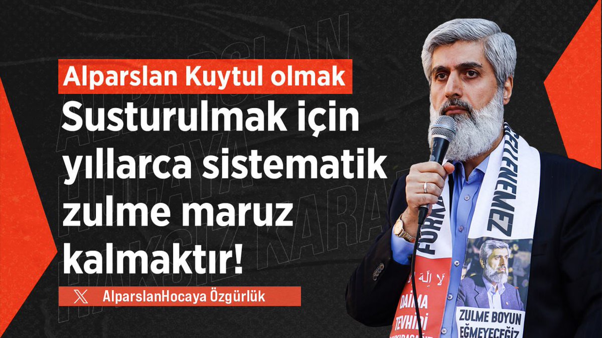 KytlSevenleri01's tweet photo. Alparslan Kuytul olmak: 
Susturulmak için yıllarca sistematik zulme maruz kalmaktır! 

AlparslanHocaya Özgürlük
SarayTalimatıyla Tutuklandı
SemraKuytula Özgürlük 
Kardeşlerimizi SerbertBırakın
#FurkanHareketiTertemizdir https://t.co/JVMTJe2zr0