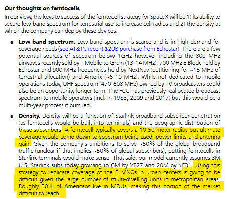 SpacBobby's tweet photo. $ASTS - UBS also chiming in on the challenges for SpaceX in competing against the big 3 U.S. carriers:

"Using this strategy to achieve the density necessary to replicate coverage of the 3 MNOs in urban centers is going to be difficult given the large number of MDUs typical of metropolitan areas. Large apartment buildings are an impediment to Starlink adoption as tenants generally do not have access to the building exterior to mount a terminal. Most new buildings use Low-E glass which reflects infrared and ultraviolet light while letting visible light pass through.

Almost 30% of Americans live in MDUs, making this portion of the market difficult to reach. Starry (and now Verizon) and other FWA carriers have pursued an MDU strategy where the provider effectively provisions the whole building with a centralized antenna and then installs each customer at the unit level when they subscribe. However, the key to successful consumer FWA strategies (including that of Starlink) to date is self- installation. Self-installation dramatically lowers SAC, minimizes the effective cost of churn and improves overall LTV per sub. A FWA MDU strategy in the U.S. hasn't worked to our knowledge."