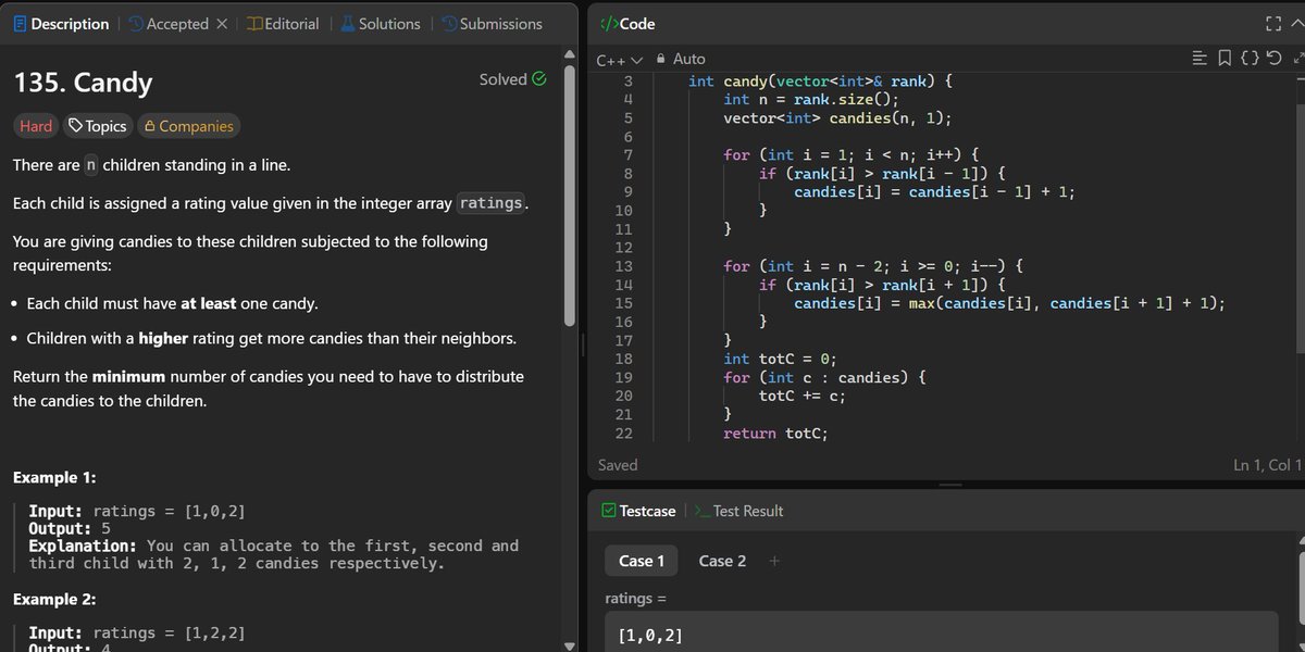 twinkle40008's tweet photo. 🔥 DSA#03 — Candy | Solved! Another challenging DSA problem checked off 📷 Approach: Greedy + Two Pass 📷 Right to left 📷 Assign the minimum candies while satisfying both neighbors' conditions. One more problem, one step closer. 📷#LeetCode #DSA #CPlusPlus https://t.co/OifxQMniRd
