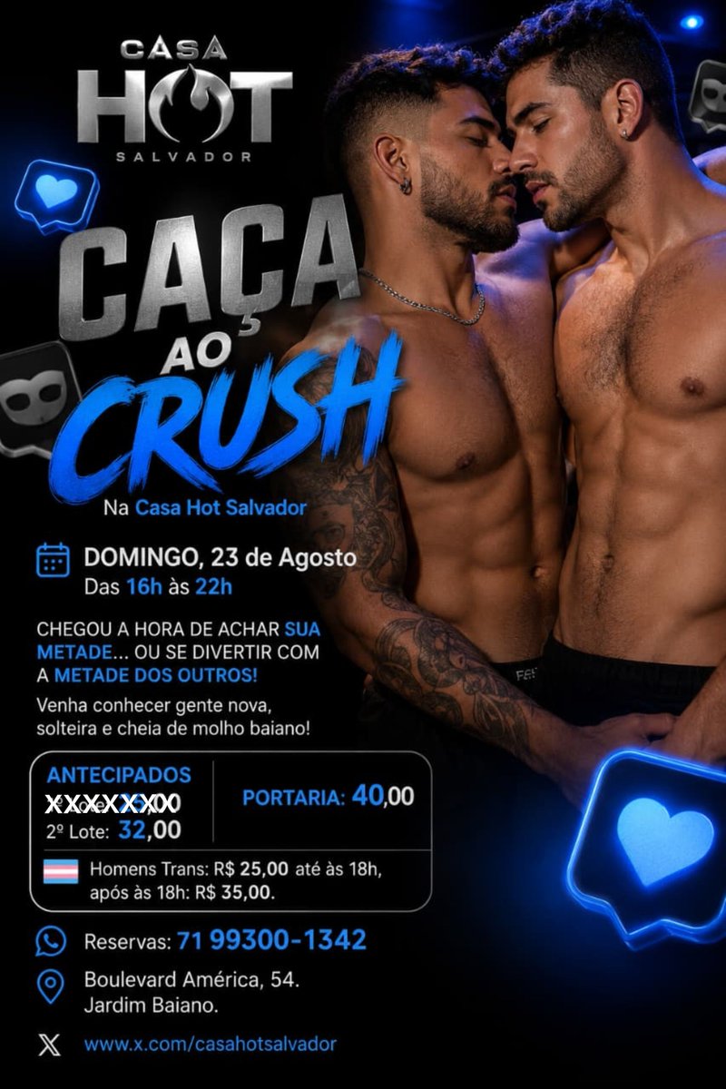 casahotsalvador's tweet photo. HOJE tem CAÇA AO CRUSH na Casa Hot Salvador!

Venha conhecer gente nova, solteira e cheia de molho baiano!

Antecipados 2º LOTE: 32,00
PORTARIA: 40,00!

Garanta seu antecipado AGORA: 71 99300-1342 https://t.co/NN1btSGatt
