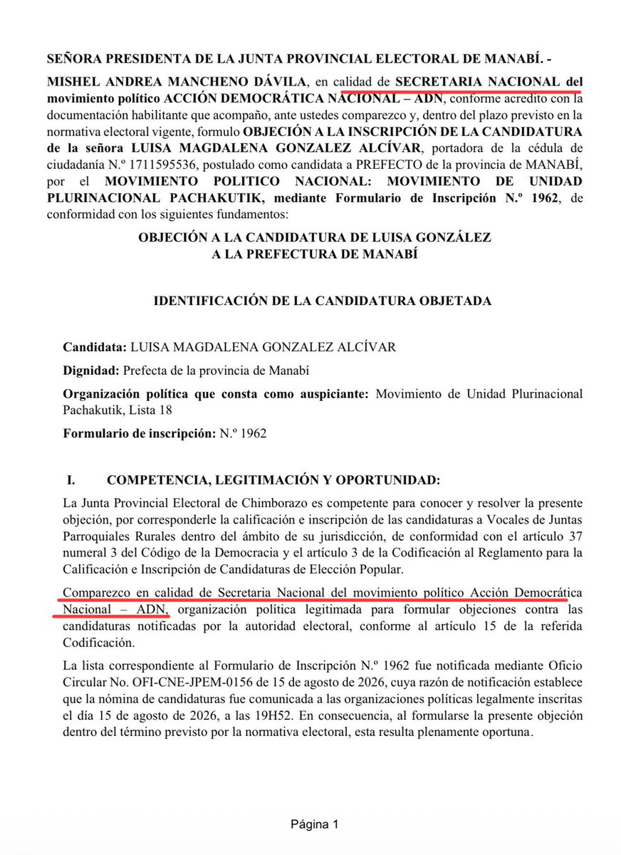 chernandezy's tweet photo. Sres. @cnegobec y @tce_ecuador: si van a aplicar el régimen orgánico de PK, apliquen también el régimen orgánico de ADN.
Mancheno NO es la representante legal de ADN, entonces NO existe objeción por ilegitimidad activa. #EstoEsDictadura https://t.co/WK6yjdpsjq