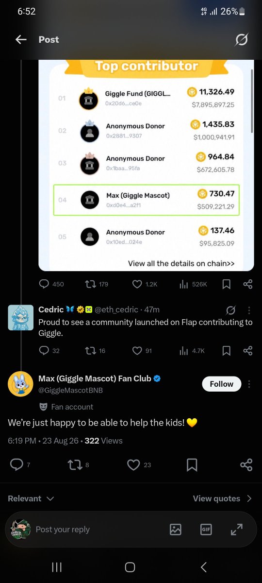Sherhuudguards's tweet photo. Amazing work, Max! 💛 Seeing the community come together like this to help the kids is absolutely beautiful.

Huge respect to you and the entire Giggle crew for leading by example! 🚀✨

Shoutout to @cz_binance and @GiggleAcademy for making this incredible vision a reality! 🎓👏 https://t.co/sBpK3SVaTL