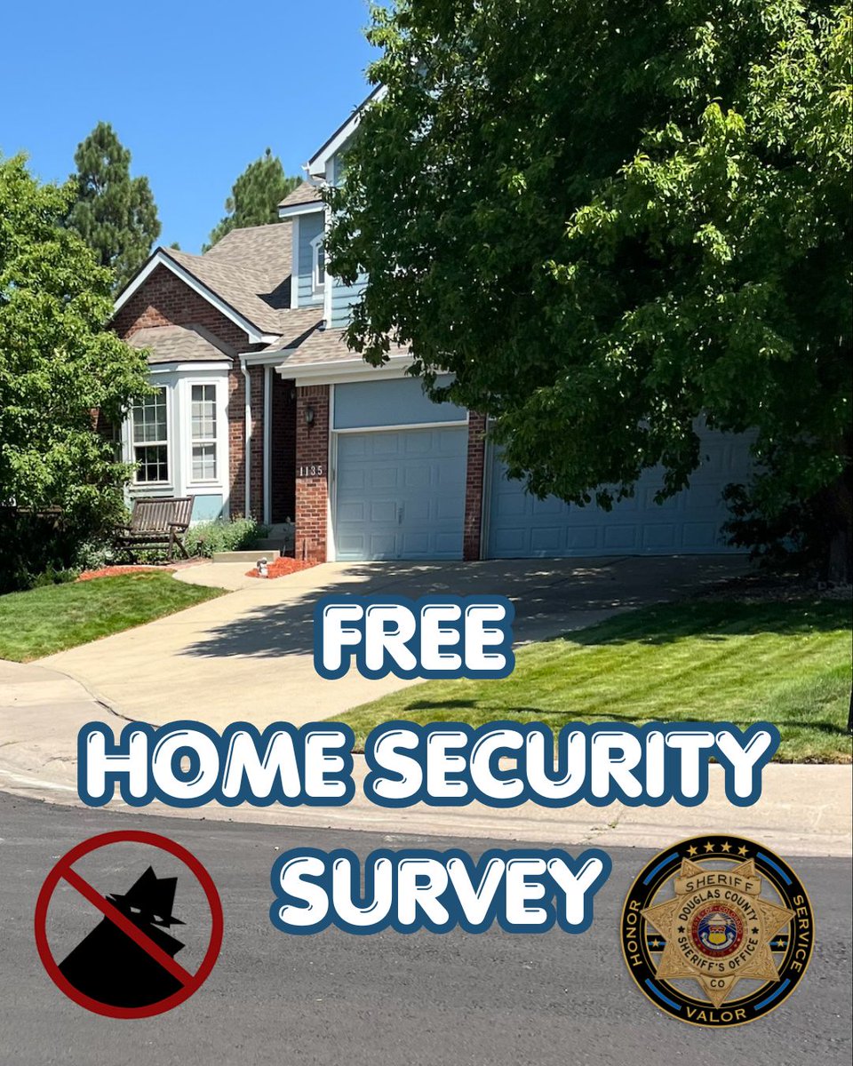 dcsheriff's tweet photo. The Douglas County Sheriff's Office Community Resources Team offers FREE Home Security Surveys. During a one-on-one visit, a member of our team will walk through your property with you, highlighting the security measures you're already doing well and offering personalized recommendations for improvements or additional layers of protection.

While Home Security Surveys are especially popular with our Neighborhood Watch communities, this service is available to any resident within the Douglas County Sheriff's Office service area.

Whether you're looking to enhance your home's security, have recently moved, or simply want peace of mind, we're here to help.

To schedule a Home Security Survey or learn more about starting or joining a Neighborhood Watch program, contact Deputy Nicola at knicola@dcsheriff.net.

#DCSO #DouglasCountySheriff #CommunitySafety #HomeSecurity #NeighborhoodWatch #CrimePrevention