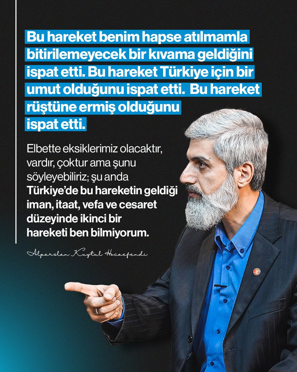 KytlSevenleri01's tweet photo. Bu hareket benim hapse atılmamla bitirilemeyecek bir kıvama geldiğini ispat etti. Bu hareket Türkiye için bir umut olduğunu ispat etti.  Bu hareket rüştüne ermiş olduğunu ispat etti. Elbette eksiklerimiz olacaktır, vardır, çoktur ama şunu söyleyebiliriz; şu anda Türkiye’de bu hareketin geldiği iman, itaat, vefa ve cesaret düzeyinde ikinci bir hareketi ben bilmiyorum.

AlparslanHocaya Özgürlük
SarayTalimatıyla Tutuklandı
SemraKuytula Özgürlük
Kardeşlerimizi SerbestBırakın
#FurkanHareketiTertemizdir