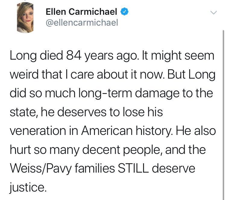 The_Kingfish__'s tweet photo. Ellen is a pretty funny swamp hag who literally describes herself as a “paid operative…who has no idea of what’s going on in Louisiana” and pops out of hole on occasion to whinge about Huey Long, his statue, and bemoan the reputation of the Weiss family.  Always a pleasure! https://t.co/oST6IcCCL9
