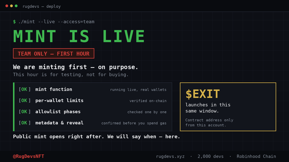 RugDevsNFT's tweet photo. mint is live on @opensea. next hour is only for the team.

team will verify that everything works properly. 

$EXIT launches in this same window.

ca will be posted only on this page.

ruglist wl - get ready in 1 hour. https://t.co/4XaIu4fgd3