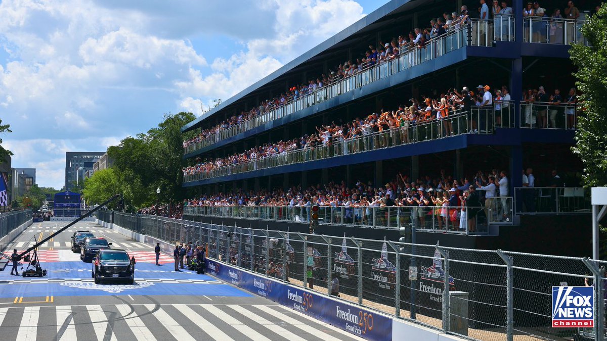 FoxNews's tweet photo. Washington, D.C., roars to life as crowds pack the nation’s capital to witness history at the inaugural @Freedom250 Grand Prix. https://t.co/q9YZMfYoBr