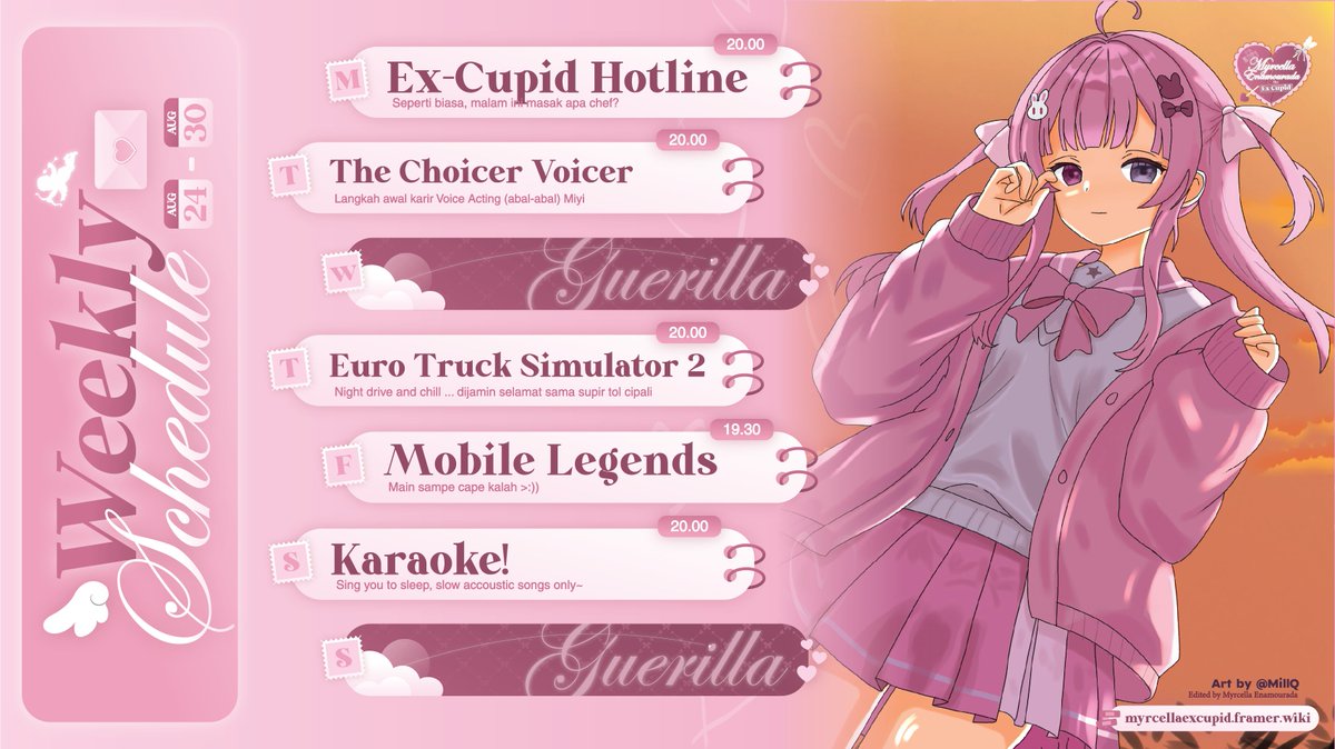 myrcellaXcupid's tweet photo. Here is my hashtags!

General #MyrcellaExCupid
Live #CallMyrCella
Fanart #MyrcellArt
Clips #CupidClips
Meme #MemeCella

Oshi Mark 🏹💘
Famname #Milafs

Ceritain curhatan kalian ke:
https://t.co/JTsfuvfXIS

Weekly Schedule! https://t.co/yZMs7XYVYd