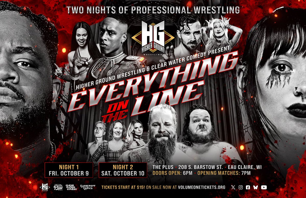 HigherGroundW's tweet photo. Higher Ground: Everything On The Line!

Night 1 - Friday October 9
https://t.co/GYJcHVHw22

Night 2 - Saturday October 10
https://t.co/yxH5aMIowI

The Plus
Eau Claire, WI
Doors Open 6 PM
Opening Matches 7 PM https://t.co/TvEiK37aTS